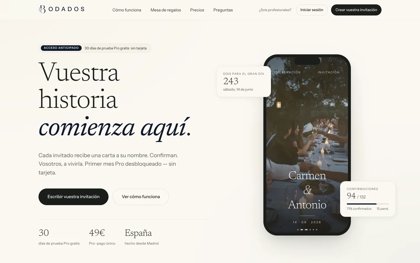 Portada de bodados.com: «Vuestra historia comienza aquí», con la invitación de una boda en el móvil, la cuenta atrás y el contador de confirmaciones.