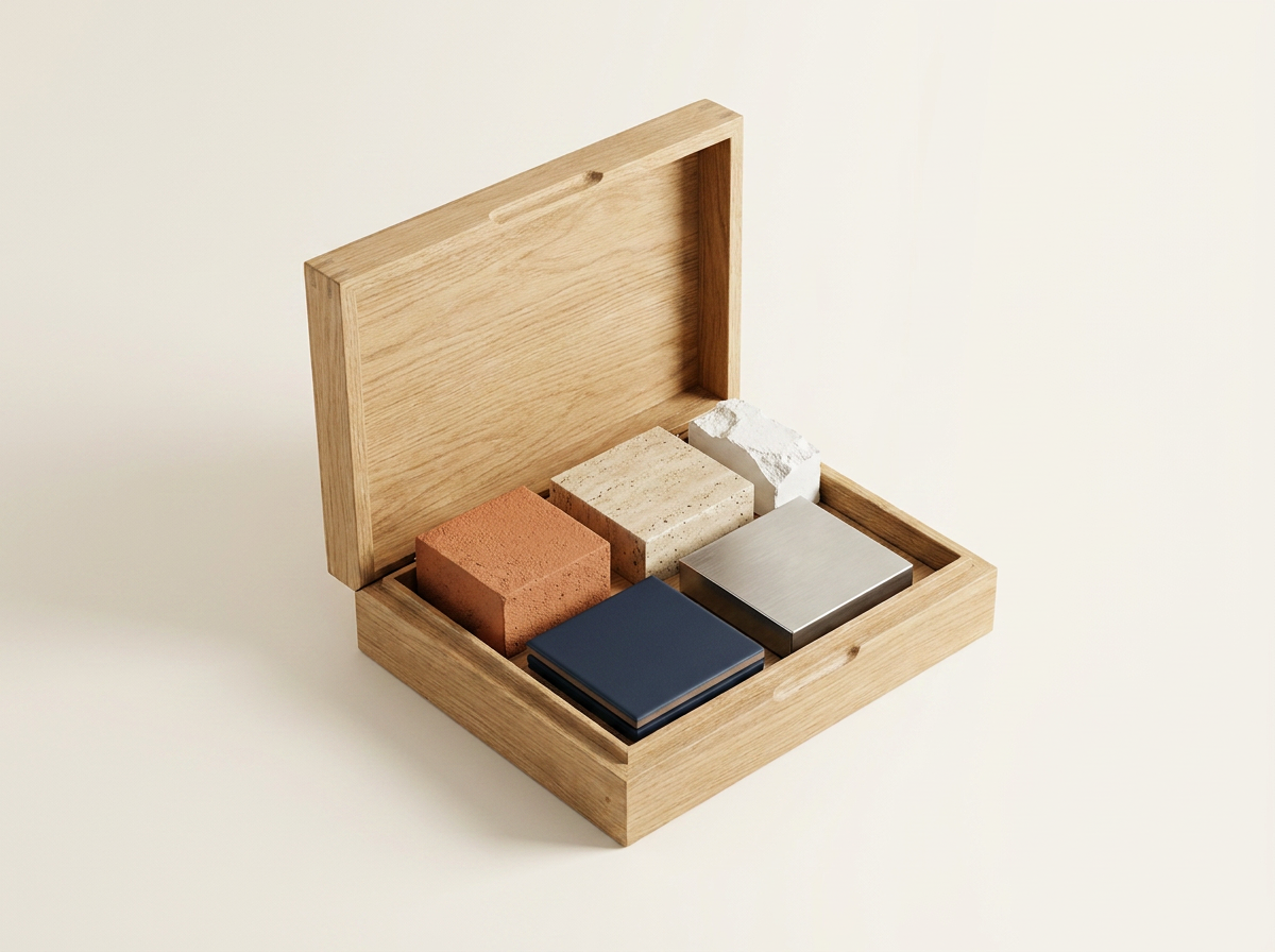 Caja de madera con muestras de material en compartimentos.