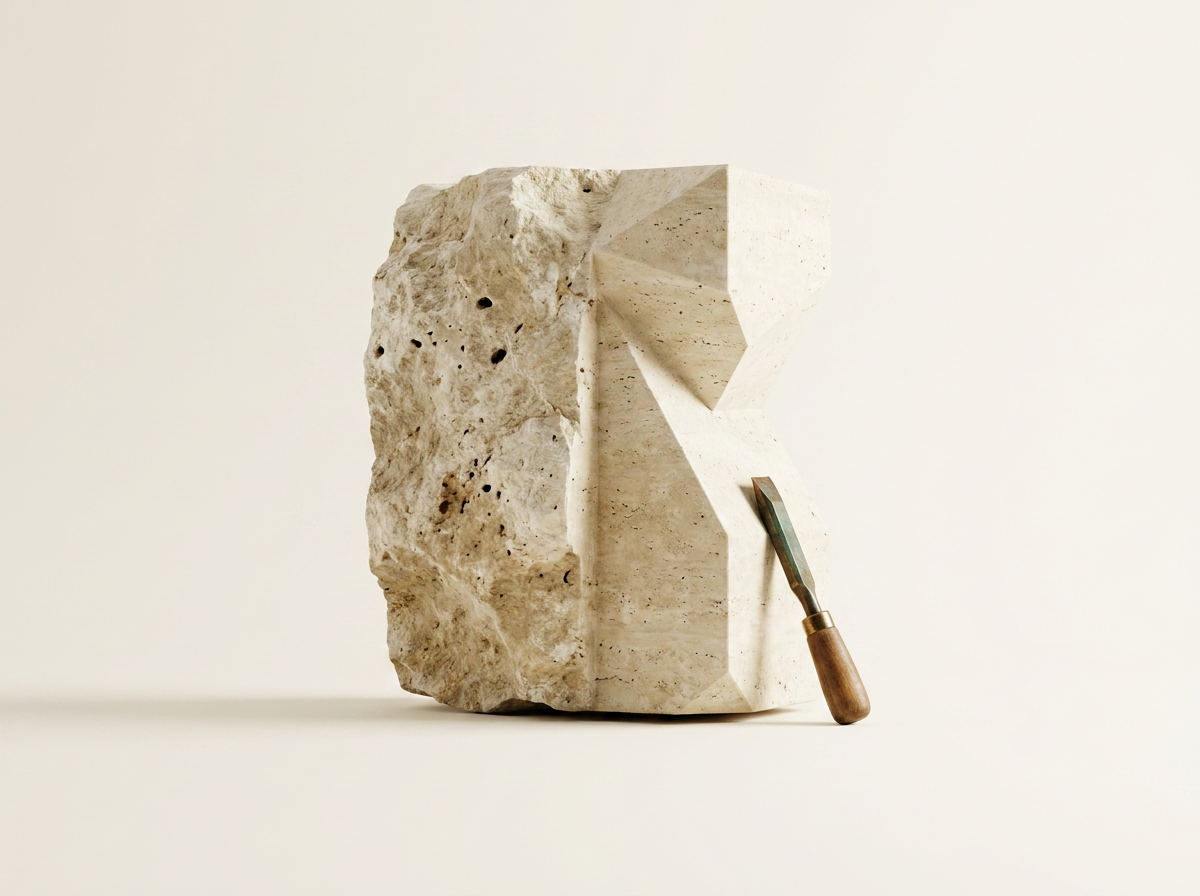 Bloque de piedra a medio tallar, con un cincel apoyado.